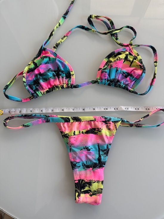 None Other - Tropical Neon Palm Tie Bikini Set - Pink, Blue & Yellow